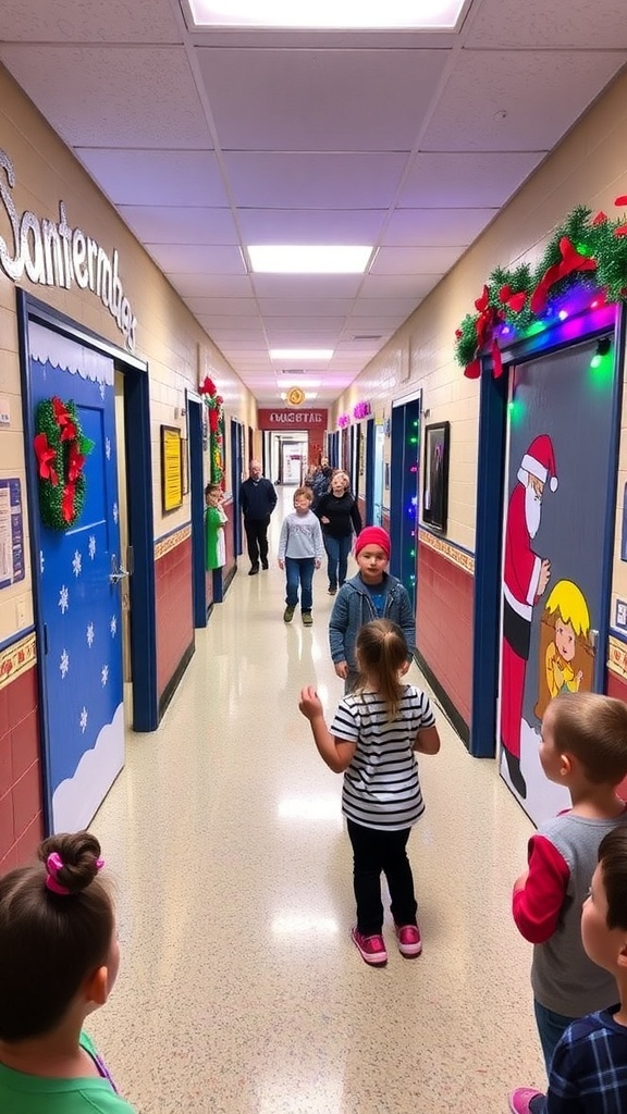 School hallway with creatively decorated doors for a Christmas contest, featuring various holiday themes.